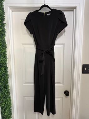Calvin Klein Black Short-Sleeve Belted Wide-Leg Jumpsuit